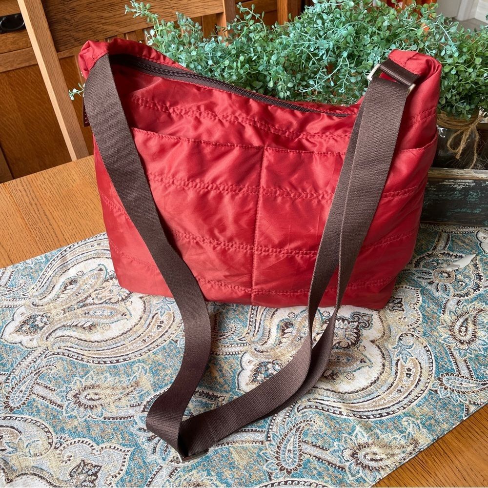 Milano Series Red Quilted Nylon Tote Bag Brown Strap Large Zippered